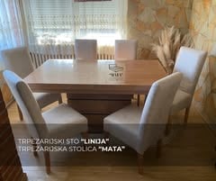 Drveni trpezarijski sto LINIJA sa tapaciranim stolicama MATA u enterijeru — Salon nameštaja MATA