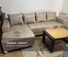 Ugaona garnitura MONA GROF u sivo-bež boji sa klub stolom u dnevnom boravku — Salon nameštaja MATA
