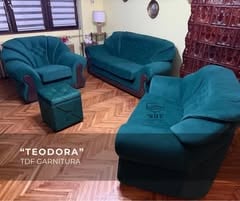 Tirkizna TDF garnitura TEODORA sa trosedom, dvosedom i taburom — Salon nameštaja MATA